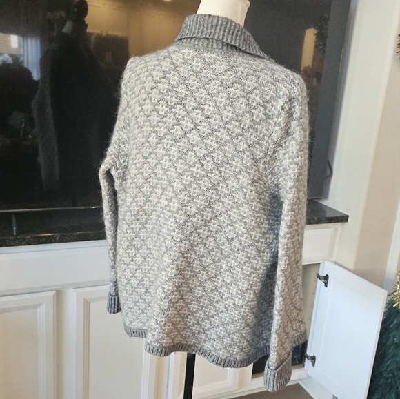LOFT Geo Jacquard Grey White Wool Mohair Blend Open Cardigan L - Picture 9 of 13
